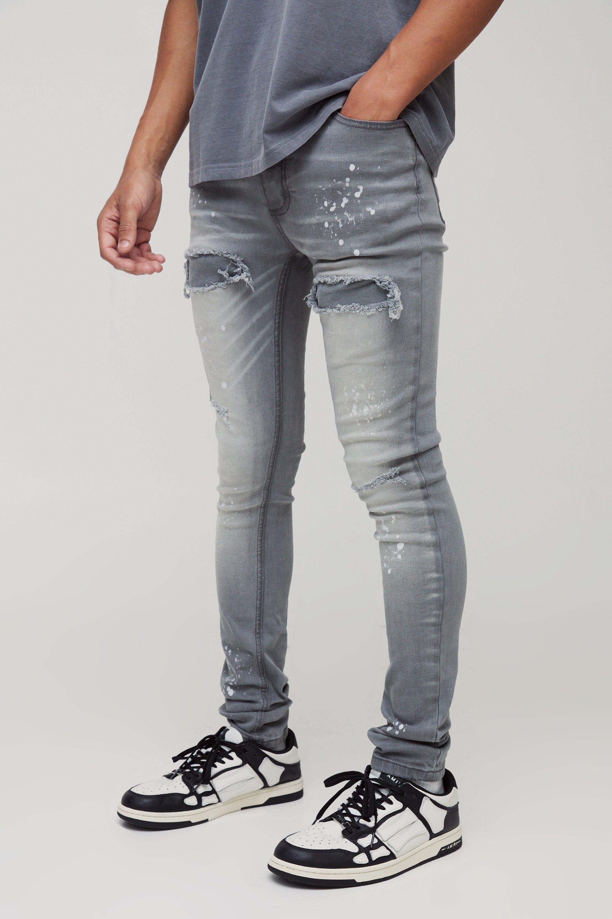 Mens Grey Super Skinny Bleached Ripped Denim Jeans, Grey